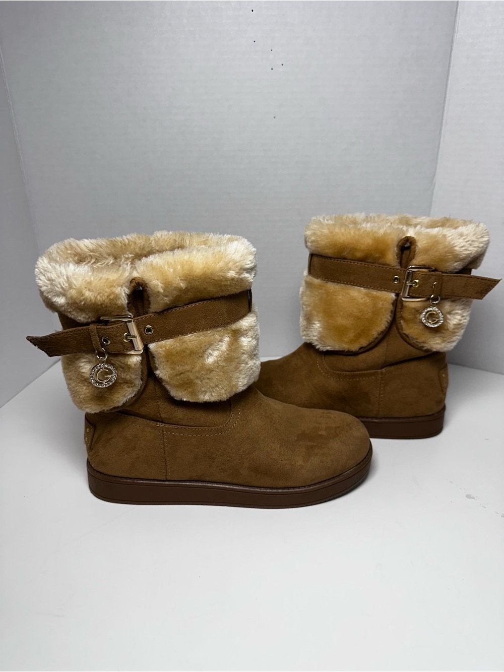Faux Fur Fold-Over Ankle Boots in Chestnut Brown